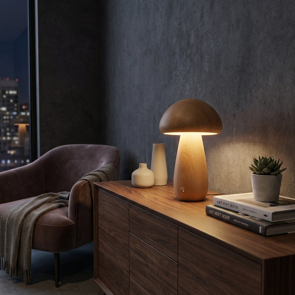 Modern Mushroom Table Lamp Battery Operated Touch Activated Wooden Nightstand Lamp Adjustable Brightness