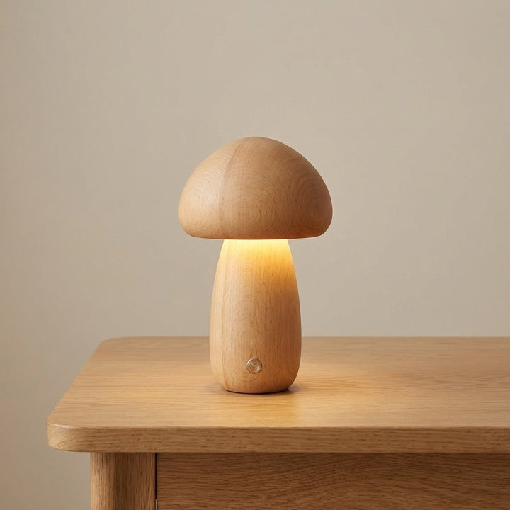 Modern Mushroom Table Lamp Battery Operated Touch Activated Wooden Nightstand Lamp Adjustable Brightness