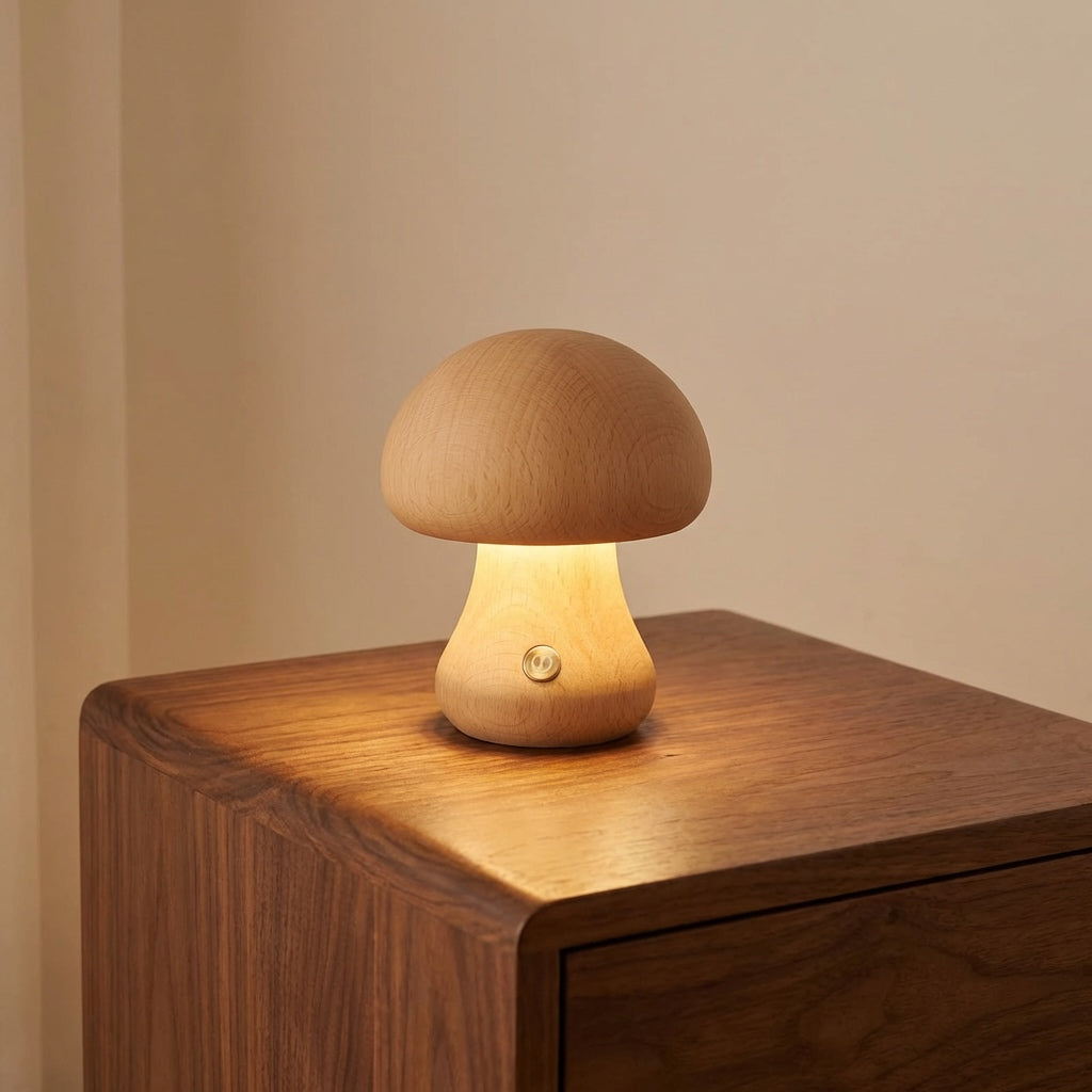 Modern Mushroom Table Lamp Battery Operated Touch Activated Wooden Nightstand Lamp Adjustable Brightness