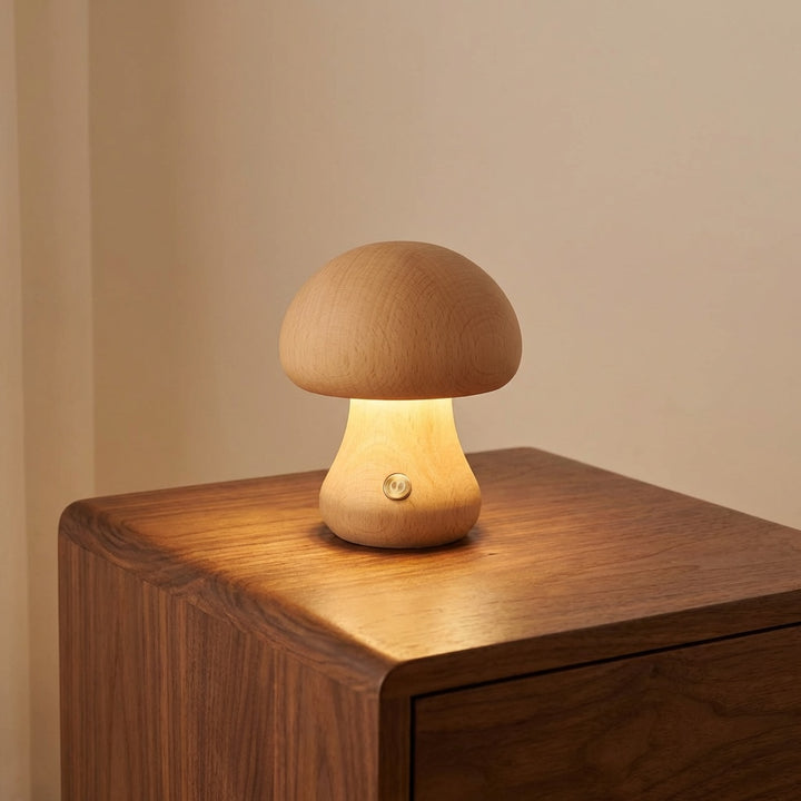 Modern Mushroom Table Lamp Battery Operated Touch Activated Wooden Nightstand Lamp Adjustable Brightness