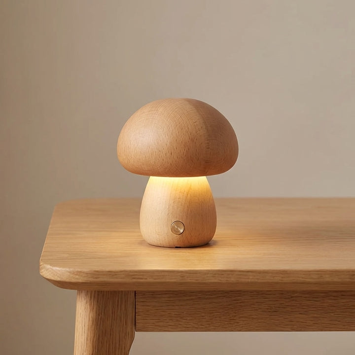 Modern Mushroom Table Lamp Battery Operated Touch Activated Wooden Nightstand Lamp Adjustable Brightness