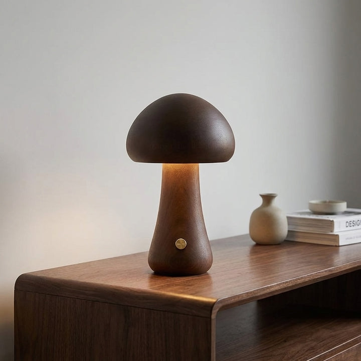 Modern Mushroom Table Lamp Battery Operated Touch Activated Wooden Nightstand Lamp Adjustable Brightness