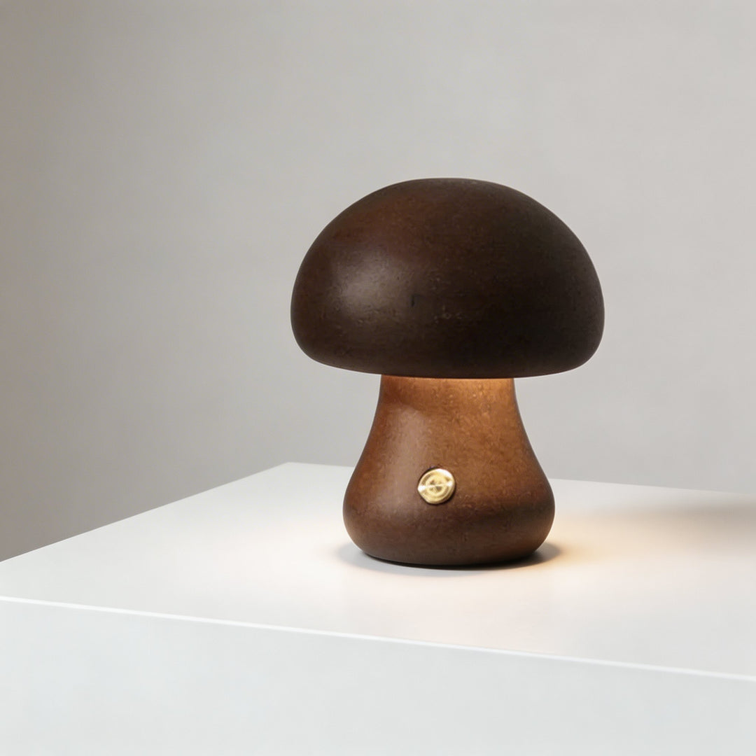 Modern Mushroom Table Lamp Battery Operated Touch Activated Wooden Nightstand Lamp Adjustable Brightness