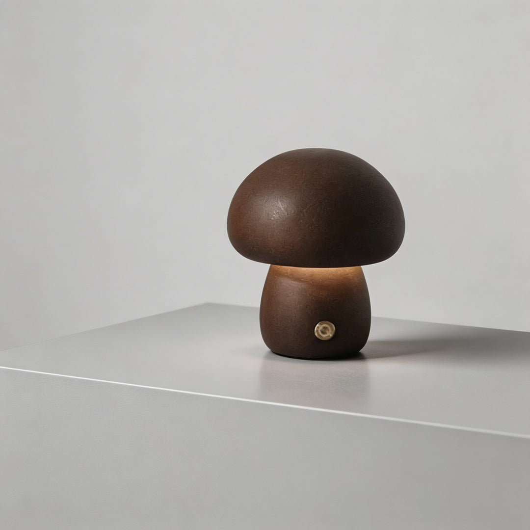 Modern Mushroom Table Lamp Battery Operated Touch Activated Wooden Nightstand Lamp Adjustable Brightness