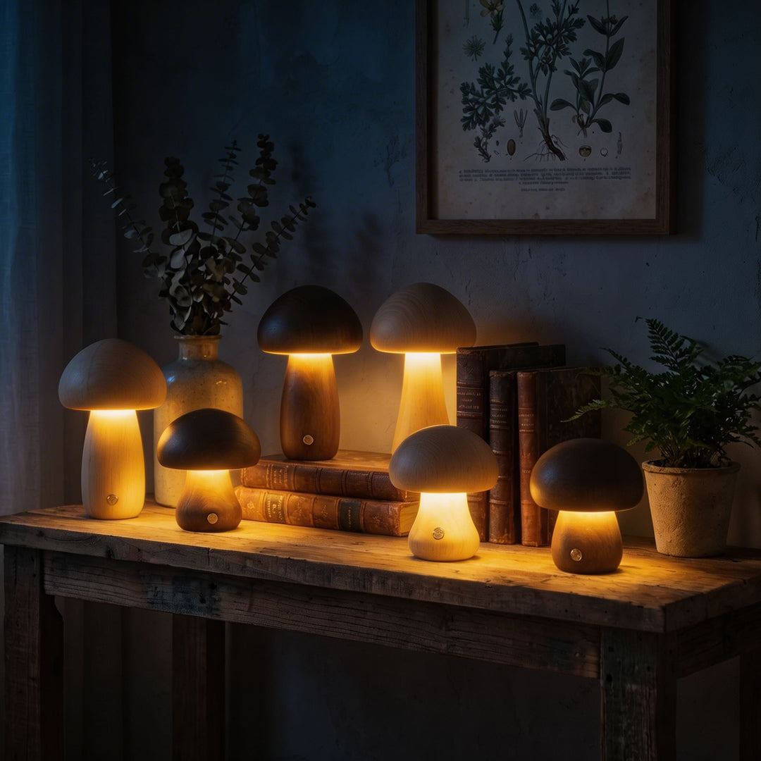 Modern Mushroom Table Lamp Battery Operated Touch Activated Wooden Nightstand Lamp Adjustable Brightness