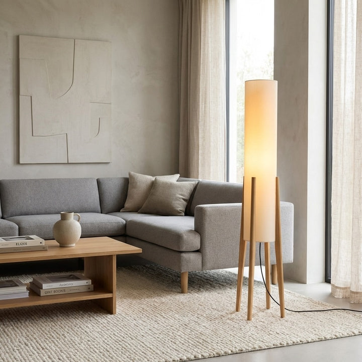 Modern Floor Lamp Adjustable Tricolor LED Natural Wood Base with Cloth Shade for Living Room