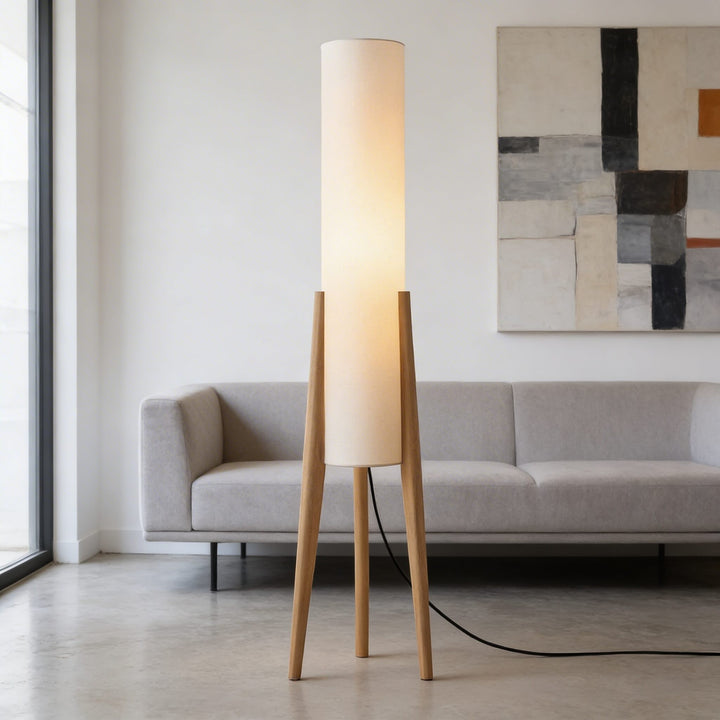 Modern Floor Lamp Adjustable Tricolor LED Natural Wood Base with Cloth Shade for Living Room