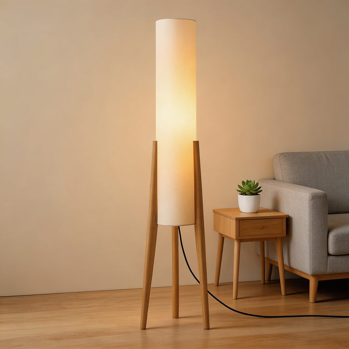 Modern Floor Lamp Adjustable Tricolor LED Natural Wood Base with Cloth Shade for Living Room