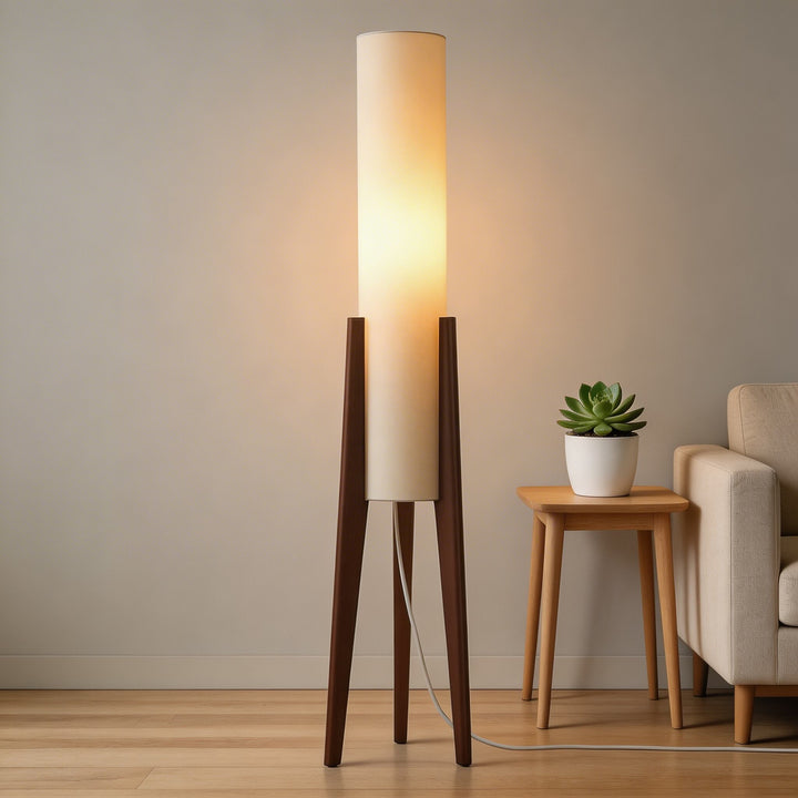Modern Floor Lamp Adjustable Tricolor LED Natural Wood Base with Cloth Shade for Living Room