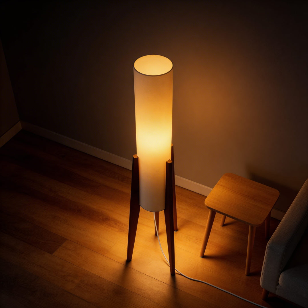 Modern Floor Lamp Adjustable Tricolor LED Natural Wood Base with Cloth Shade for Living Room