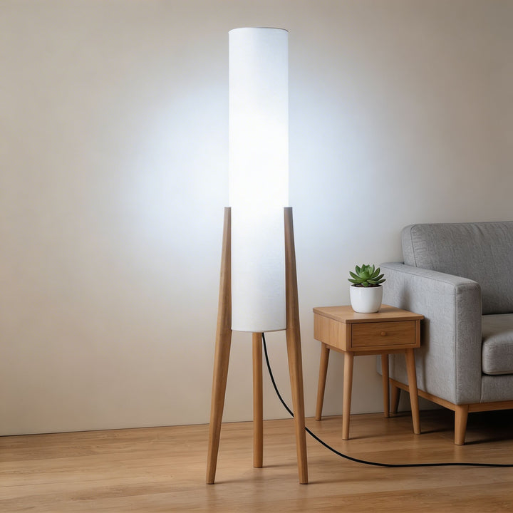 Modern Floor Lamp Adjustable Tricolor LED Natural Wood Base with Cloth Shade for Living Room