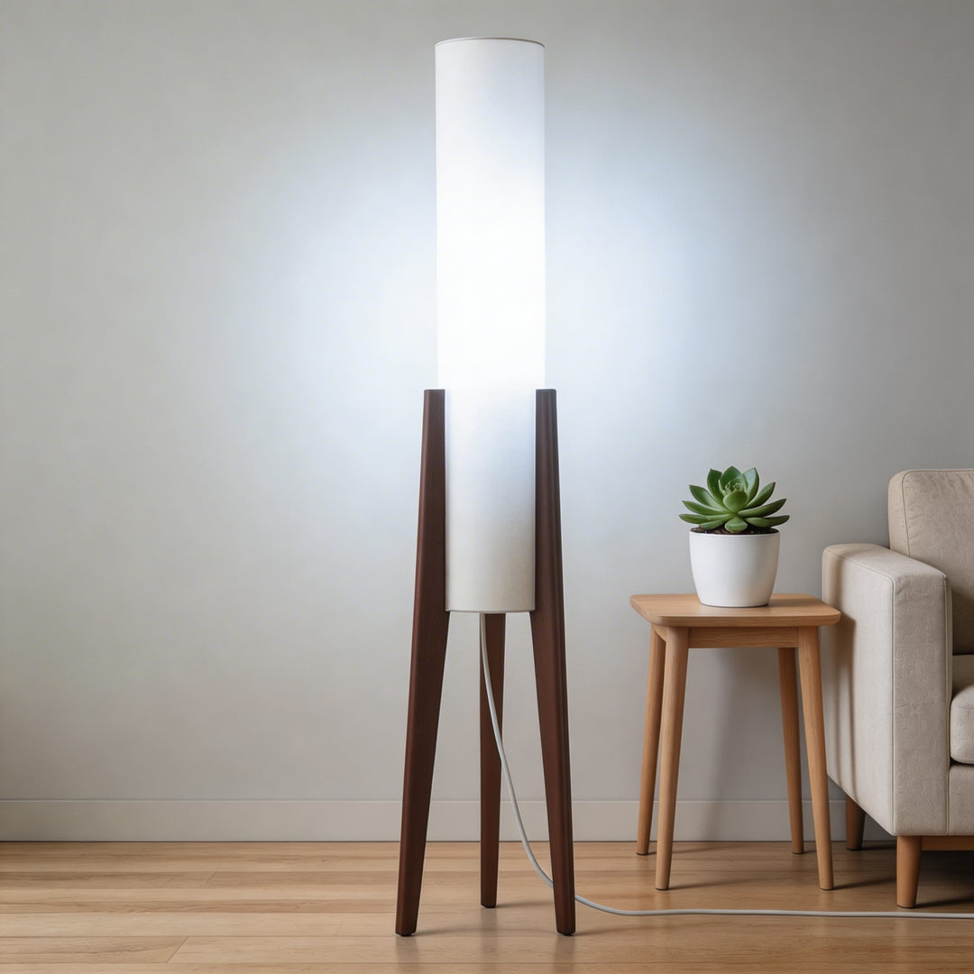Modern Floor Lamp Adjustable Tricolor LED Natural Wood Base with Cloth Shade for Living Room