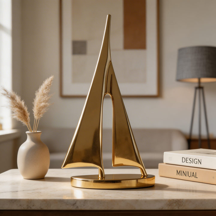 Modern Sailboat Sculpture Decorative Accent Copper Material Gold Finish 20cm Height