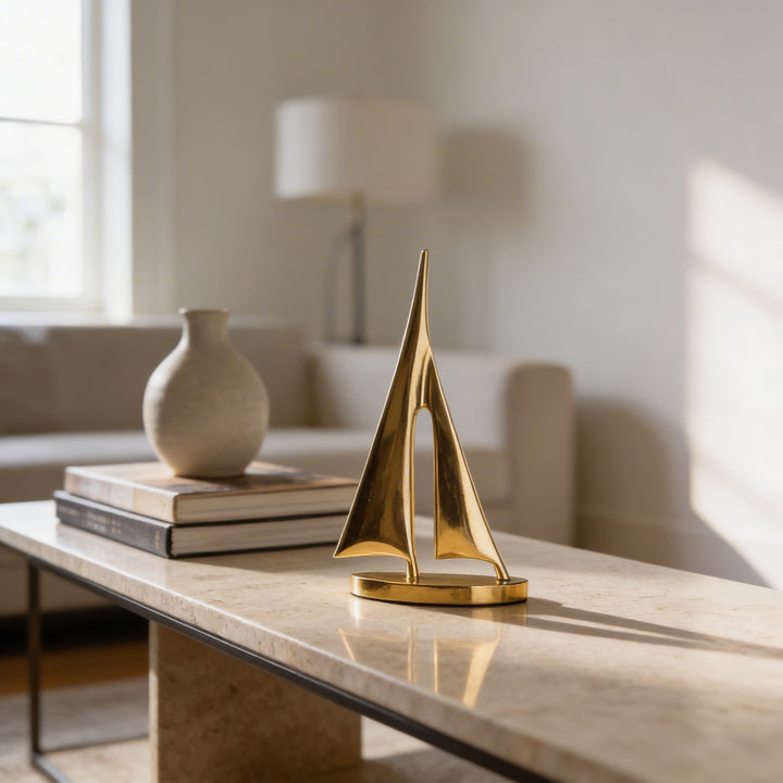 Modern Sailboat Sculpture Decorative Accent Copper Material Gold Finish 20cm Height
