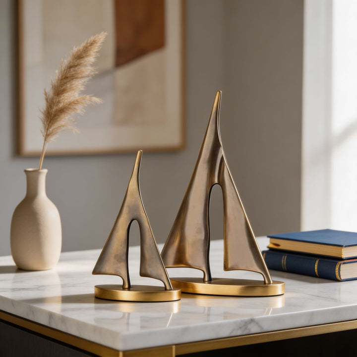 Modern Sailboat Sculpture Decorative Accent Copper Material Gold Finish 20cm Height