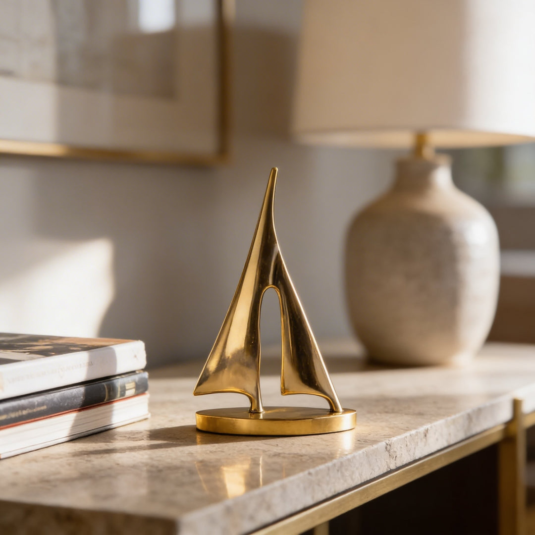 Modern Sailboat Sculpture Decorative Accent Copper Material Gold Finish 20cm Height
