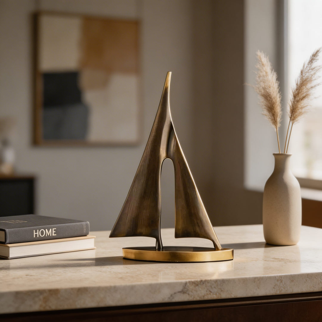 Modern Sailboat Sculpture Decorative Accent Copper Material Gold Finish 20cm Height