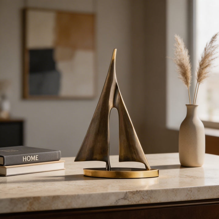 Modern Sailboat Sculpture Decorative Accent Copper Material Gold Finish 20cm Height