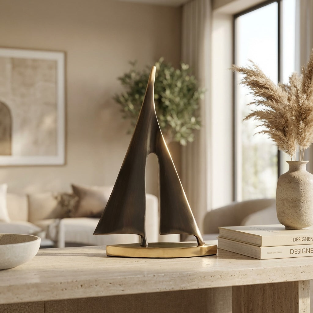 Modern Sailboat Sculpture Decorative Accent Copper Material Gold Finish 20cm Height