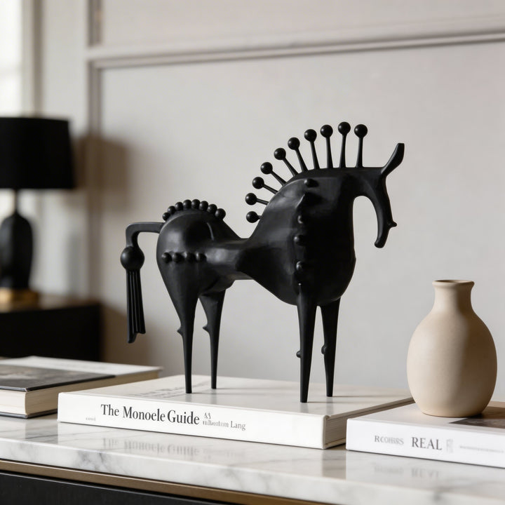 Modern Abstract Horse Statue Cast Iron Handmade Decorative Art Piece Black Finish