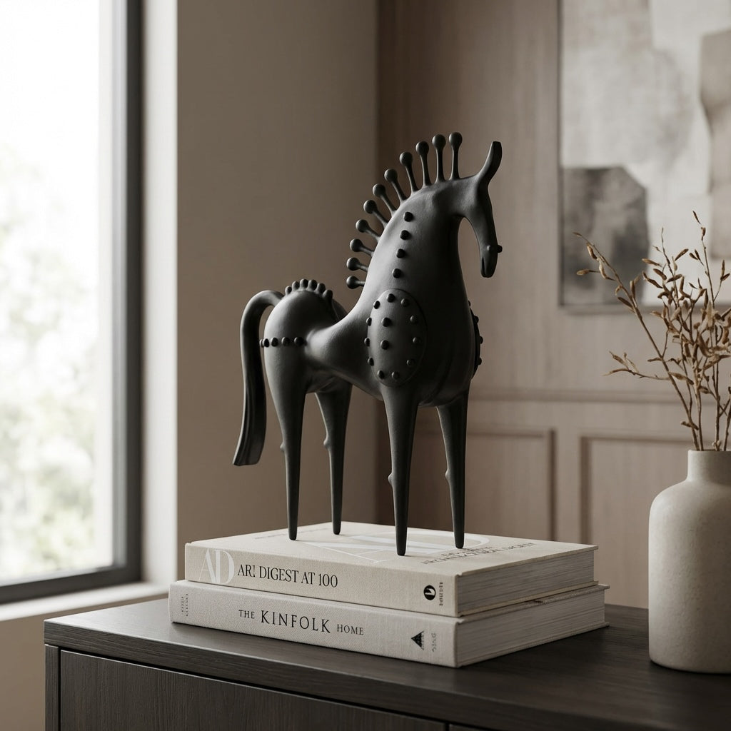 Modern Abstract Horse Statue Cast Iron Handmade Decorative Art Piece Black Finish