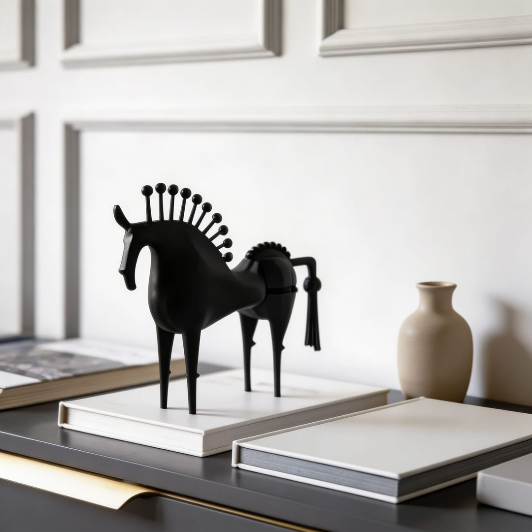 Modern Abstract Horse Statue Cast Iron Handmade Decorative Art Piece Black Finish