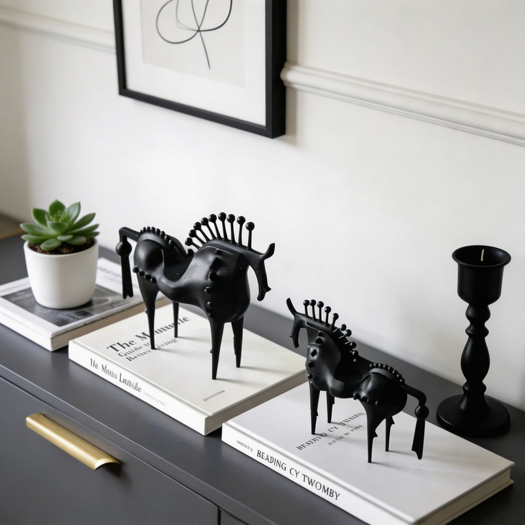 Modern Abstract Horse Statue Cast Iron Handmade Decorative Art Piece Black Finish
