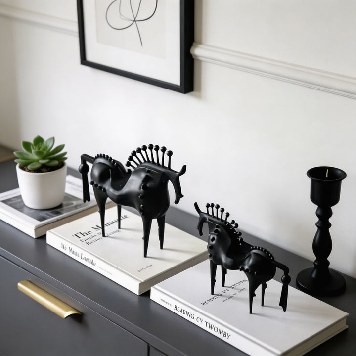 Modern Abstract Horse Statue Cast Iron Handmade Decorative Art Piece Black Finish