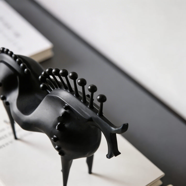 Modern Abstract Horse Statue Cast Iron Handmade Decorative Art Piece Black Finish