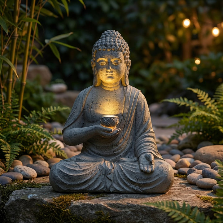 Solar Buddha Statue Outdoor Light Resin Meditation Sculpture with Auto-Sensing LED for Garden Decor
