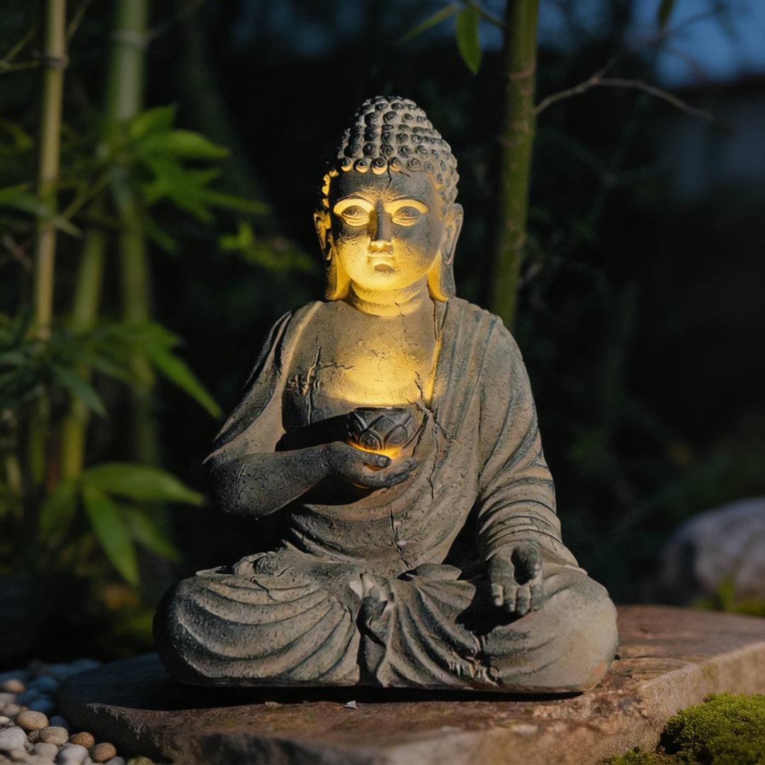 Solar Buddha Statue Outdoor Light Resin Meditation Sculpture with Auto-Sensing LED for Garden Decor