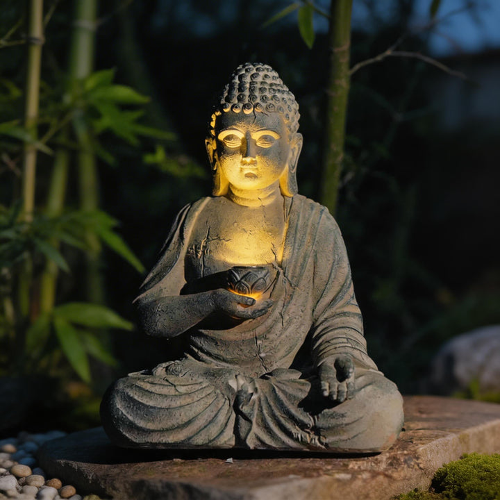 Solar Buddha Statue Outdoor Light Resin Meditation Sculpture with Auto-Sensing LED for Garden Decor
