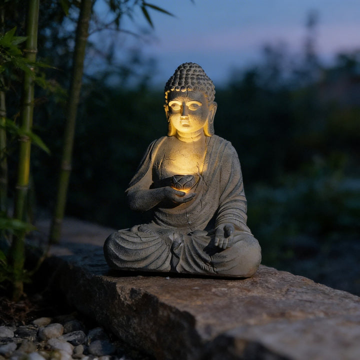 Solar Buddha Statue Outdoor Light Resin Meditation Sculpture with Auto-Sensing LED for Garden Decor