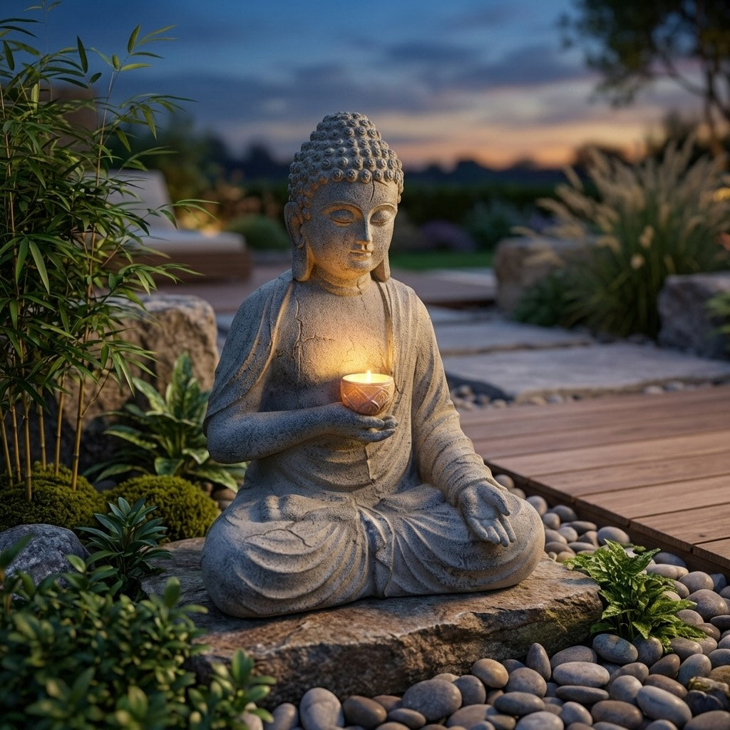 Solar Buddha Statue Outdoor Light Resin Meditation Sculpture with Auto-Sensing LED for Garden Decor