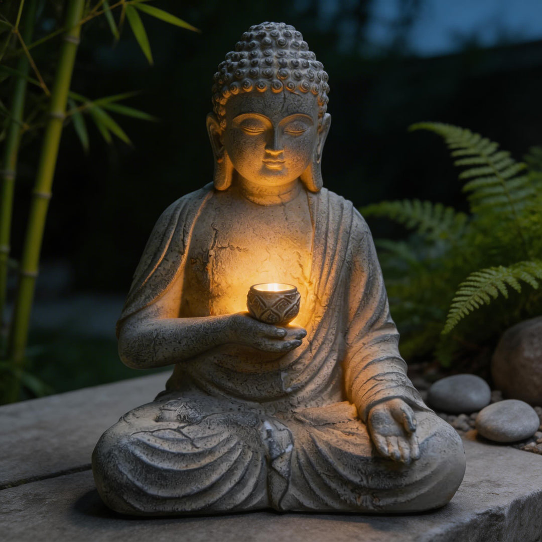 Solar Buddha Statue Outdoor Light Resin Meditation Sculpture with Auto-Sensing LED for Garden Decor