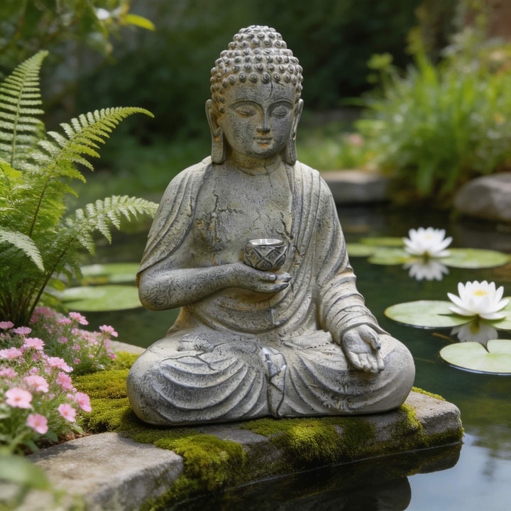 Solar Buddha Statue Outdoor Light Resin Meditation Sculpture with Auto-Sensing LED for Garden Decor