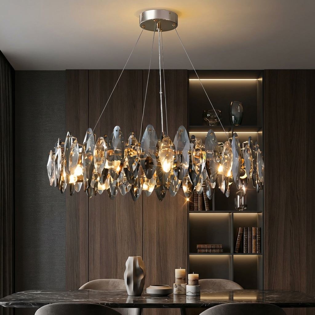 Modern Round Chandelier Light Adjustable Hanging K9 Crystal Iron Frame LED 3000K for Living Room Dining Room
