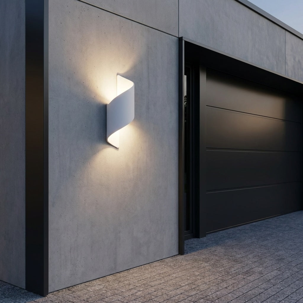 Wall light in white twisted design, modern outdoor sconce with soft up and down illumination and minimalist sculptural form