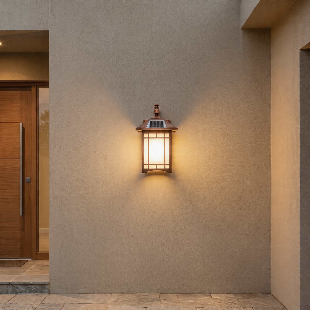 Solar Lights Outdoor Retro Lantern Wall Sconce Wall Mounted Die-Cast Aluminum with Glass Shade and Motion Sensor