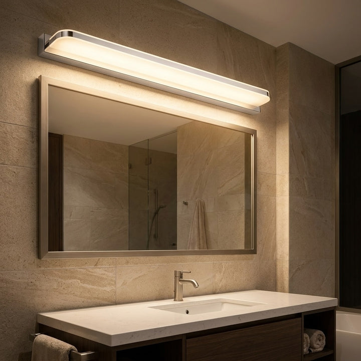 Modern LED Bathroom Vanity Lights Wall Mounted with Polished Iron Trim and Ambient Glow