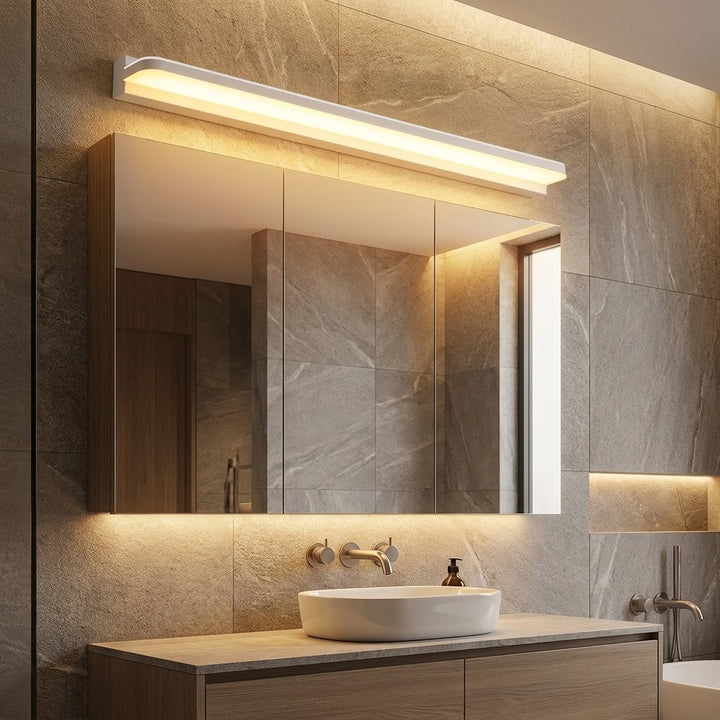 Modern LED Bathroom Vanity Lights Wall Mounted with Polished Iron Trim and Ambient Glow
