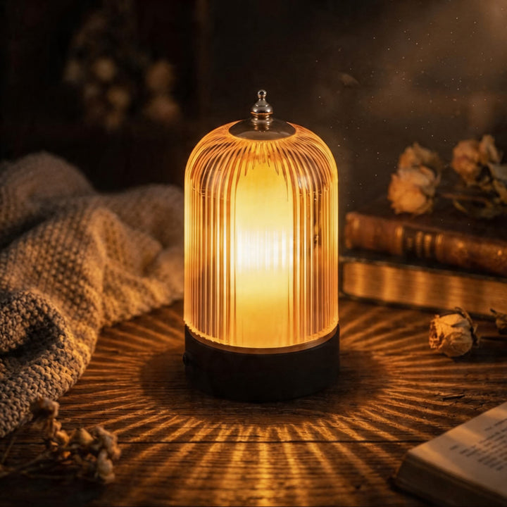 Modern Ribbed Glass Table Lamp Adjustable Metal Base Dimmable LED Light for Bedside or Desk