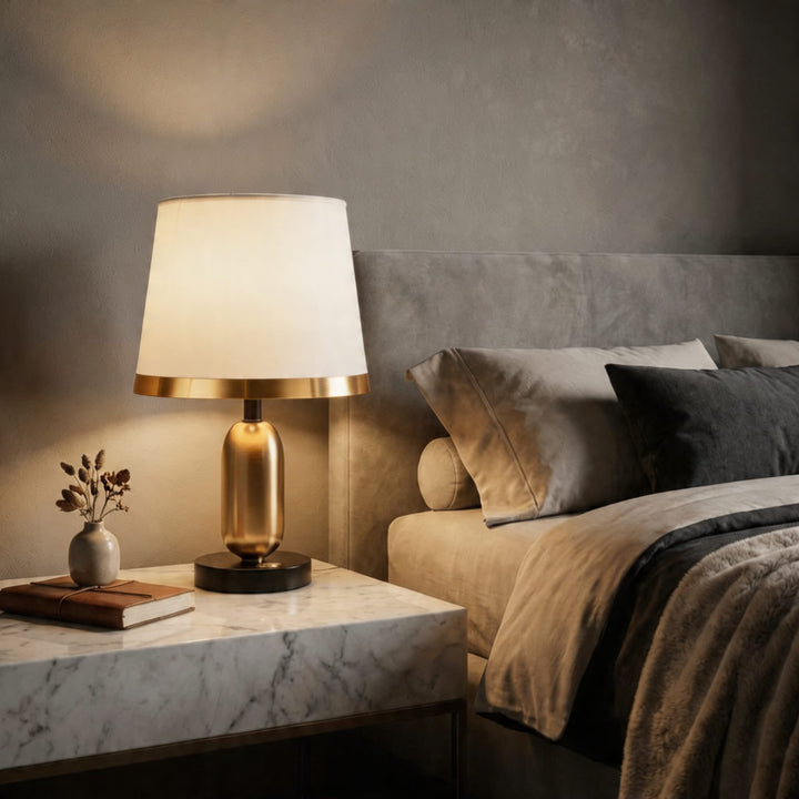 Mid-Century Modern Brass Table Lamp with Fabric Shade Touch Control LED Adjustable for Bedside or Desk Use