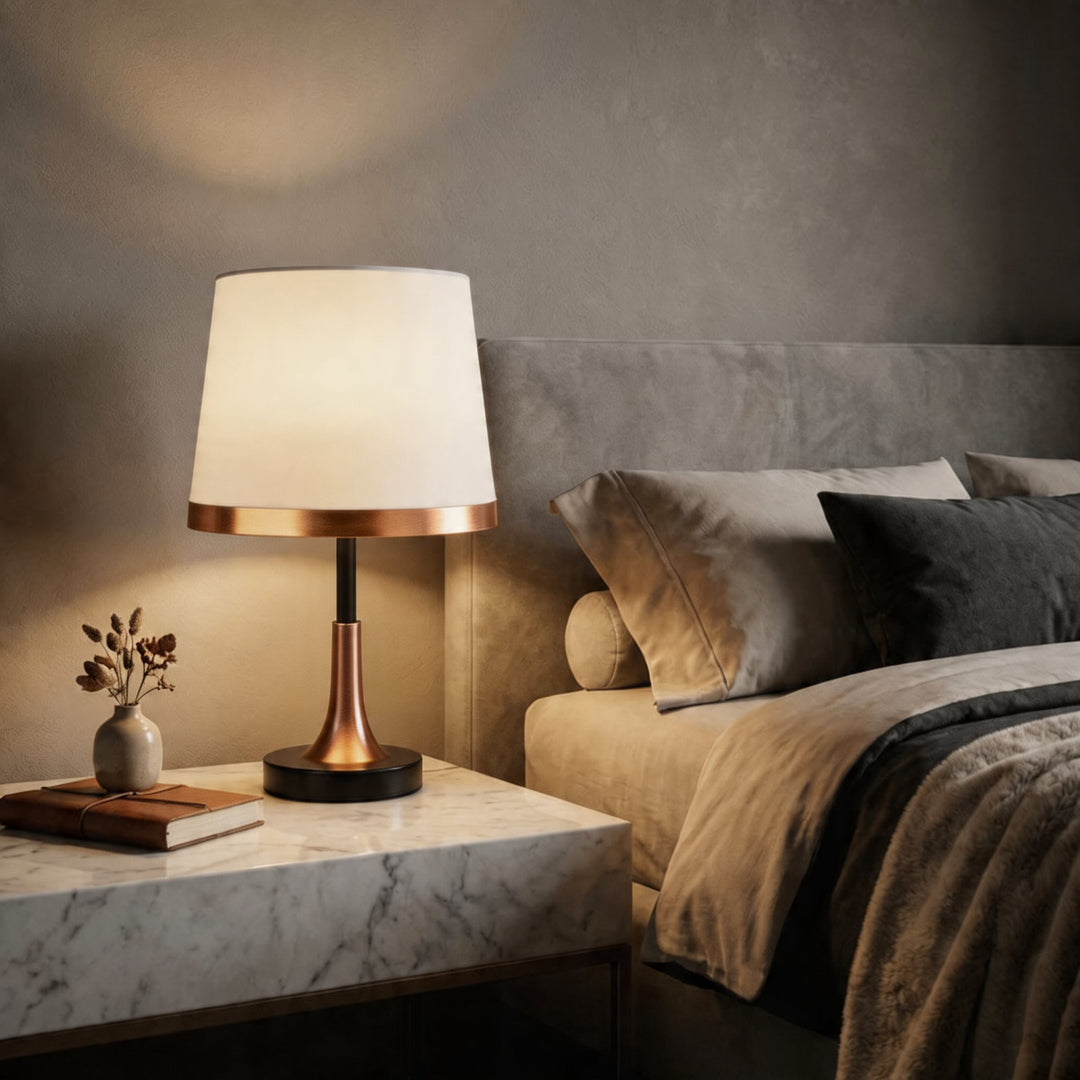 Mid-Century Modern Brass Table Lamp with Fabric Shade Touch Control LED Adjustable for Bedside or Desk Use
