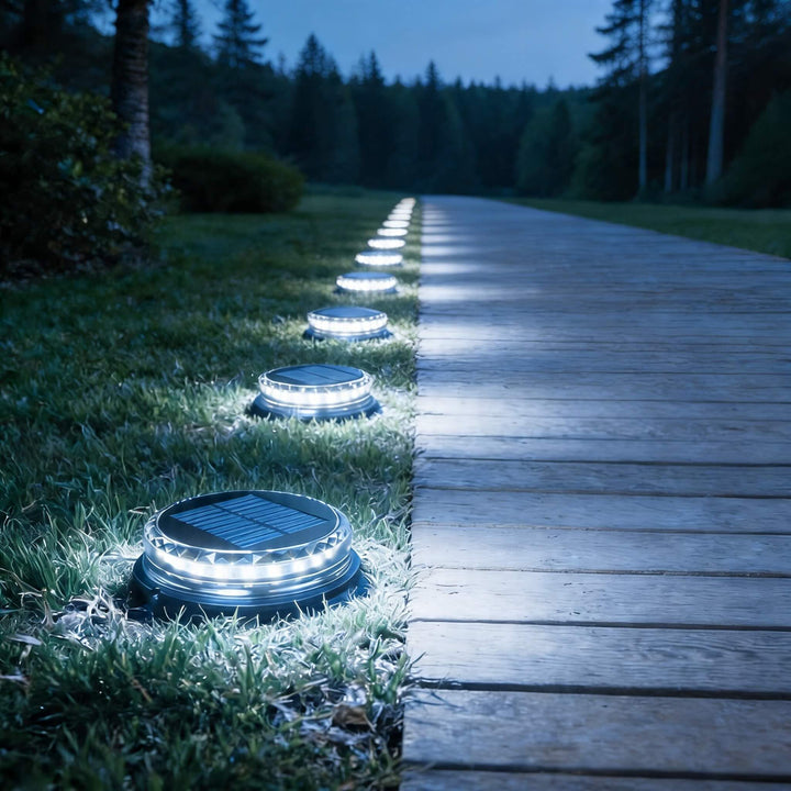 Solar Garden Lights Outdoor 4 Pack Waterproof LED Disc Lighting for Pathway