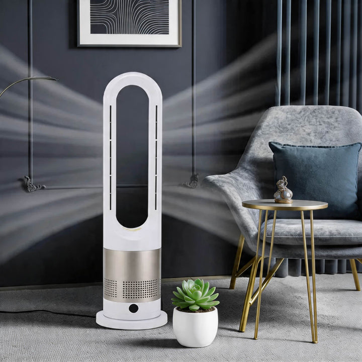 Bladeless Tower Fan Heater with Remote Control Adjustable Speed Stainless Steel for Year-Round Comfort