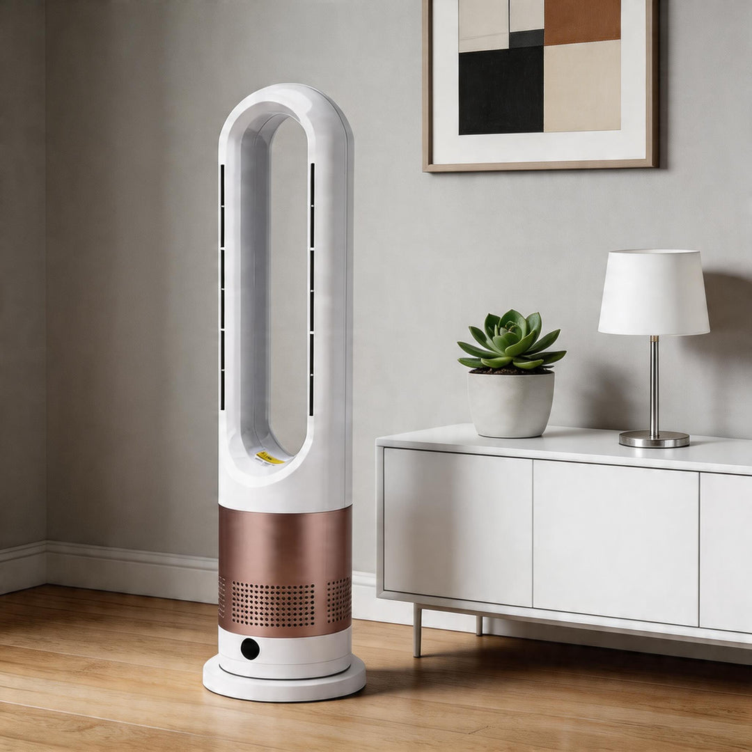Bladeless Tower Fan Heater with Remote Control Adjustable Speed Stainless Steel for Year-Round Comfort