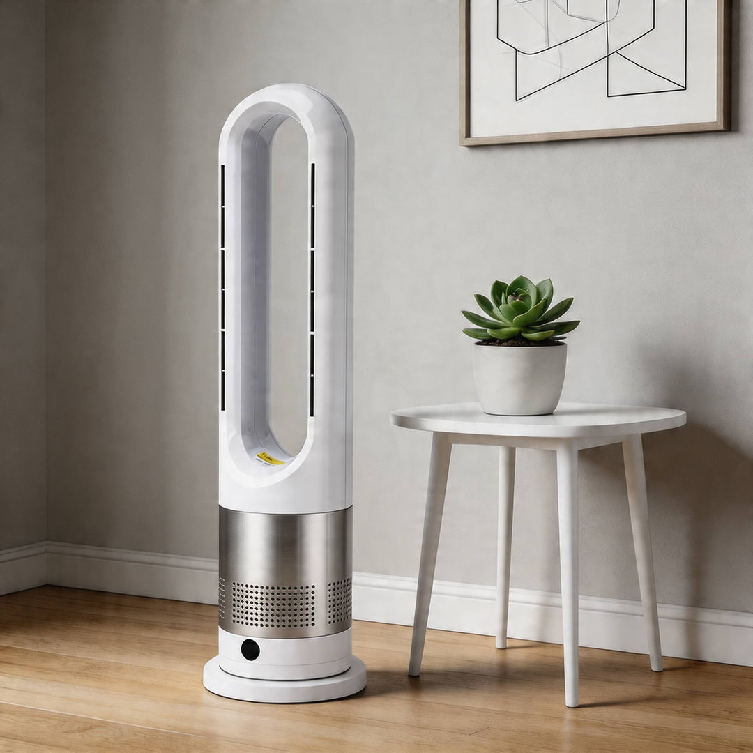 Bladeless Tower Fan Heater with Remote Control Adjustable Speed Stainless Steel for Year-Round Comfort
