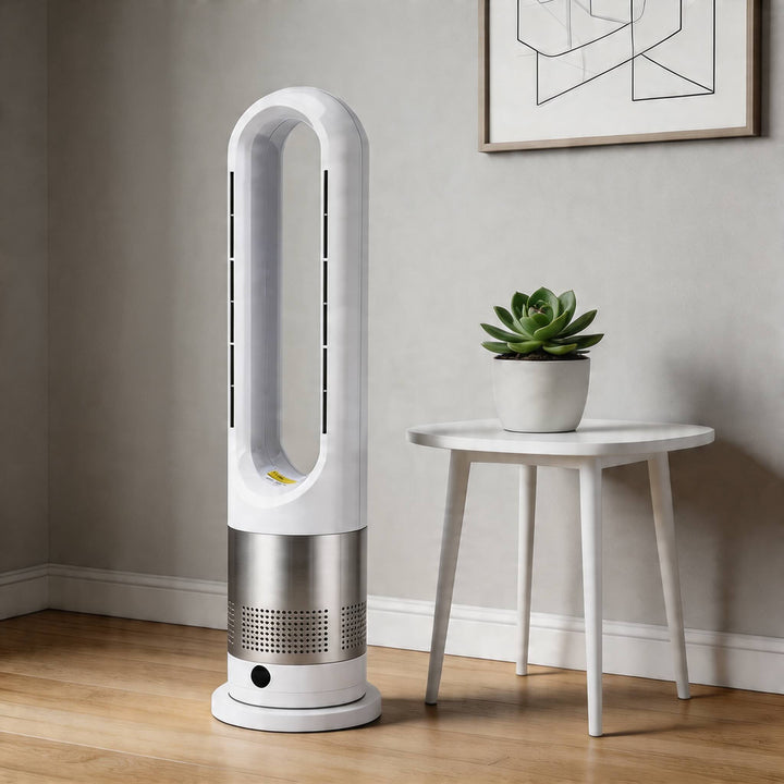 Bladeless Tower Fan Heater with Remote Control Adjustable Speed Stainless Steel for Year-Round Comfort