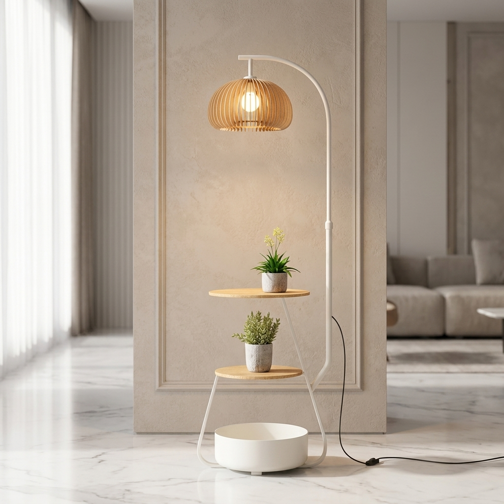 Modern Arc Floor Lamp with Adjustable LED Lighting and Tiered Metal Shelves